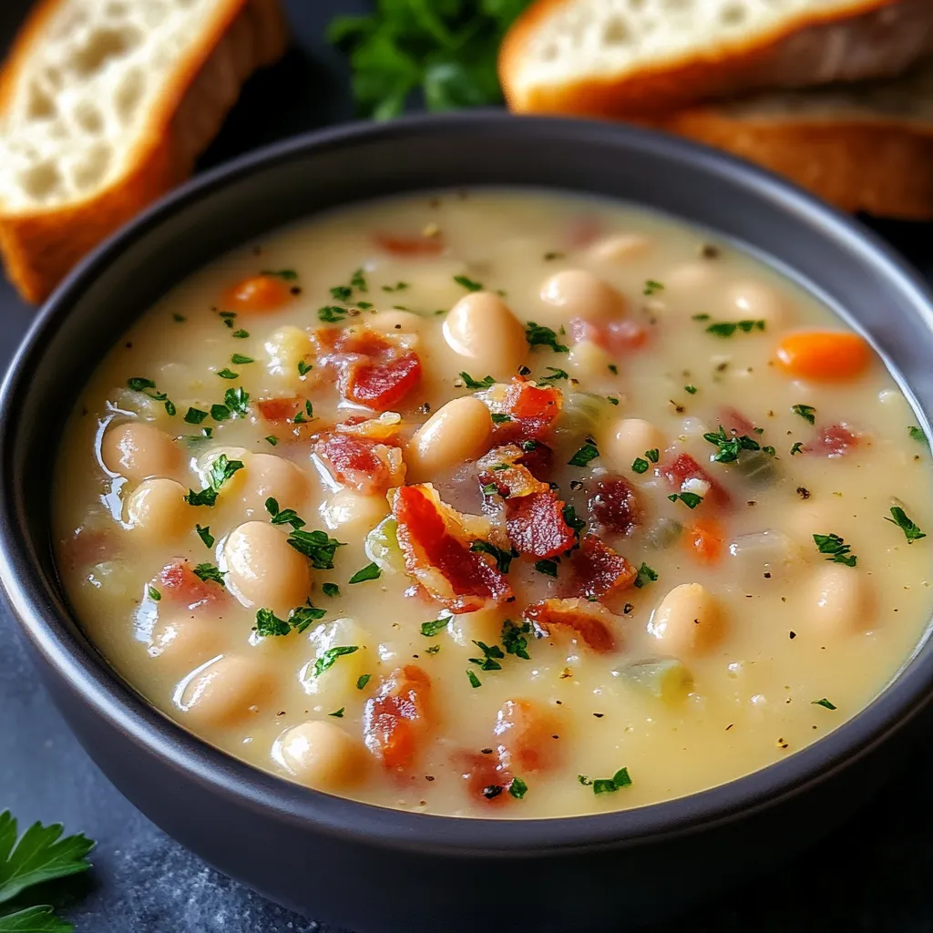 Homemade White Bean Soup with Bacon Pieces