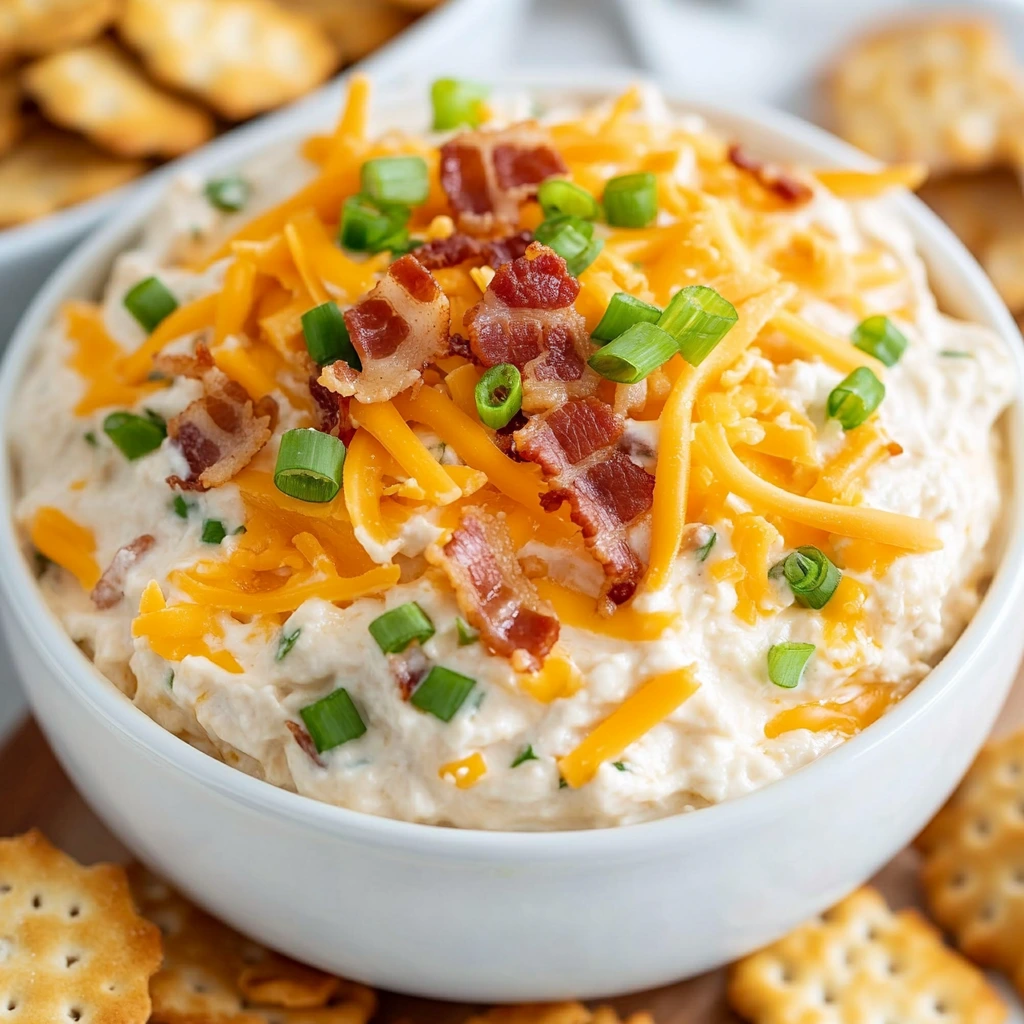 Cheesy dip with bacon, green onions, and tortilla chips on the side.