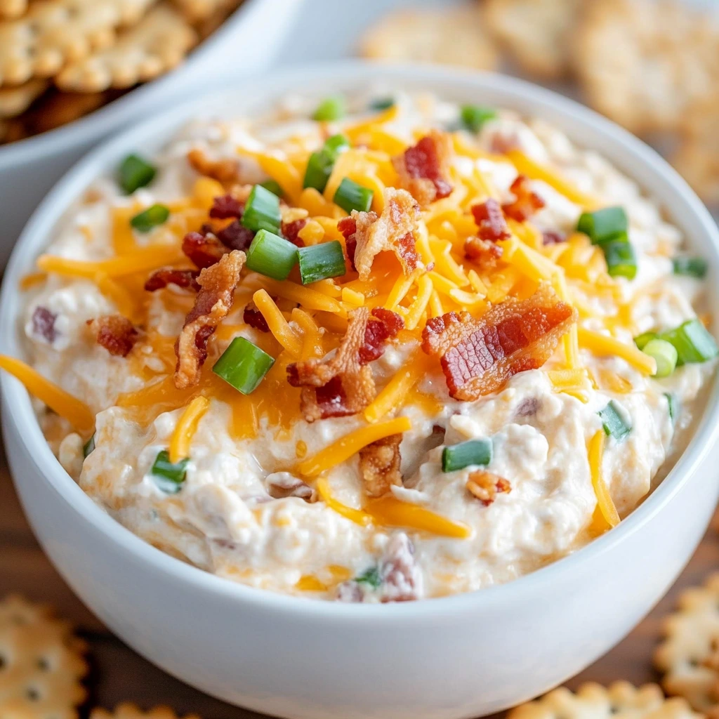 A creamy bacon dip with green onion garnish, paired with crunchy tortilla chips for scooping.