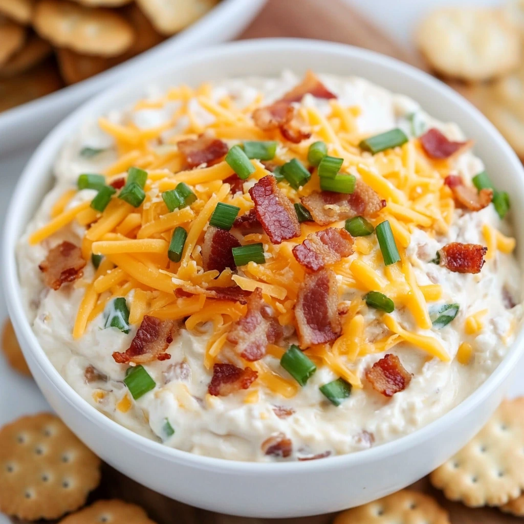 A decadent blend of cream cheese topped with bacon bits and sliced green onions.