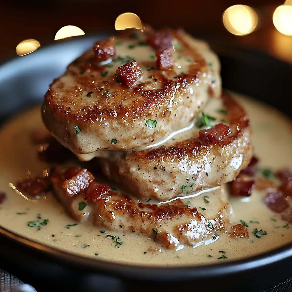 Close-up Country Fried Pork Chops with Bacon Gravy