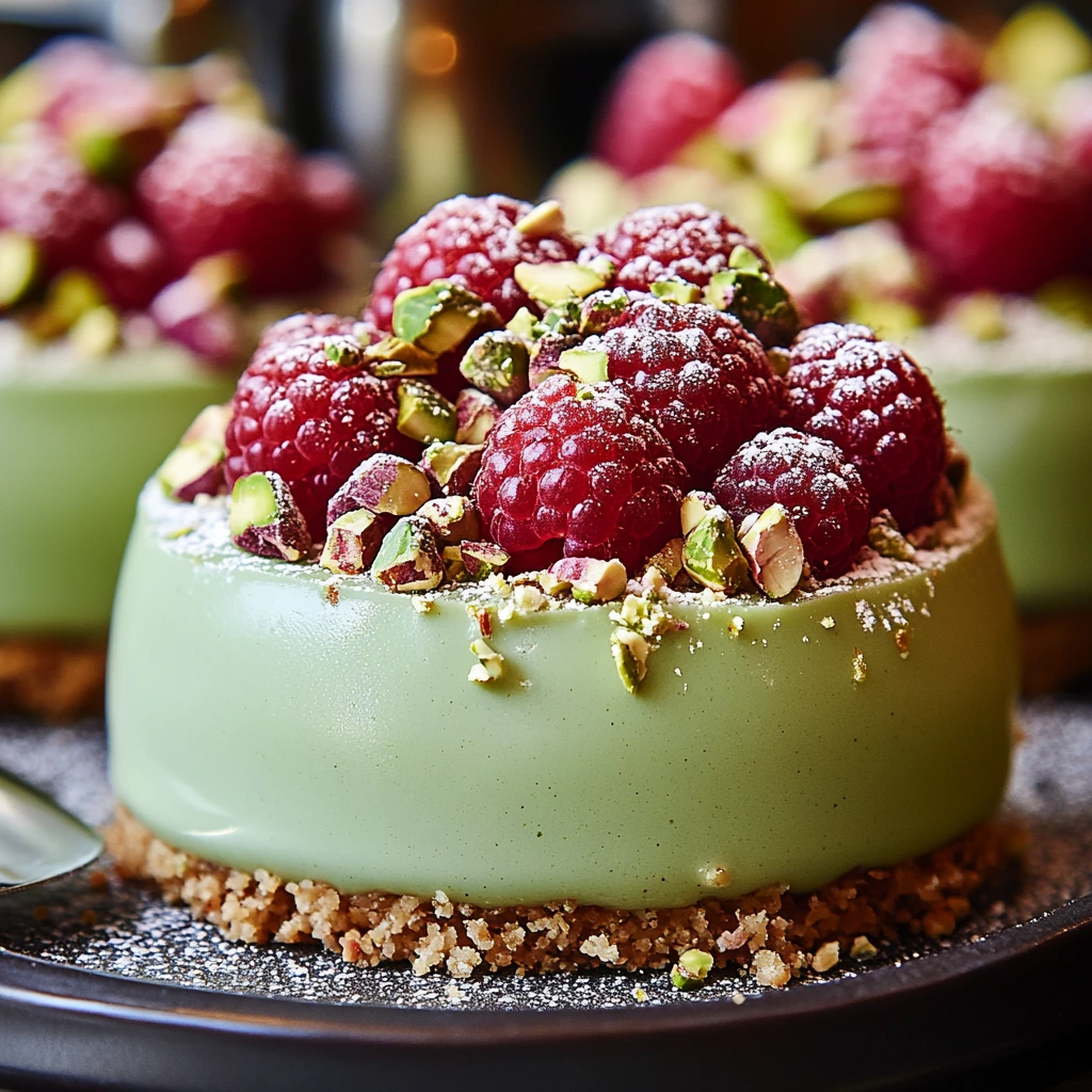 Bright pistachio and raspberry domes with a lovely raspberry glaze on top.