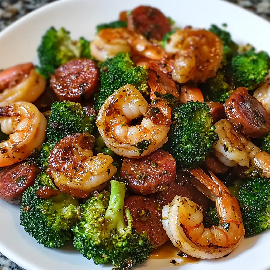 A plate of shrimp and broccoli with a brown sauce.