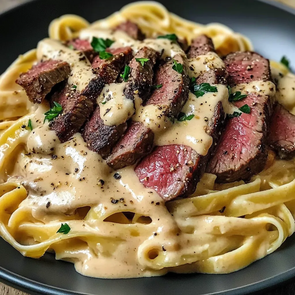 Juicy steak with creamy pasta