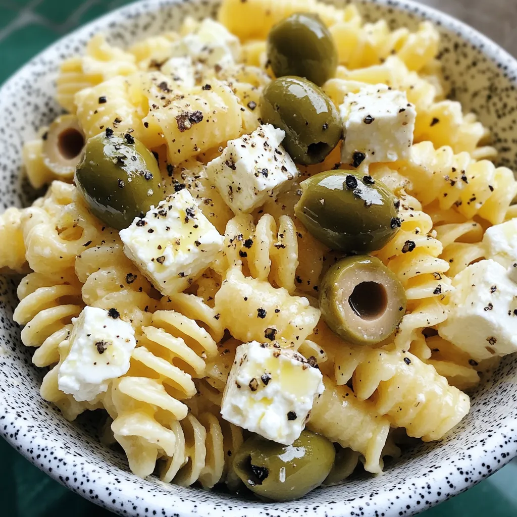 A bowl of pasta with olives and cheese.