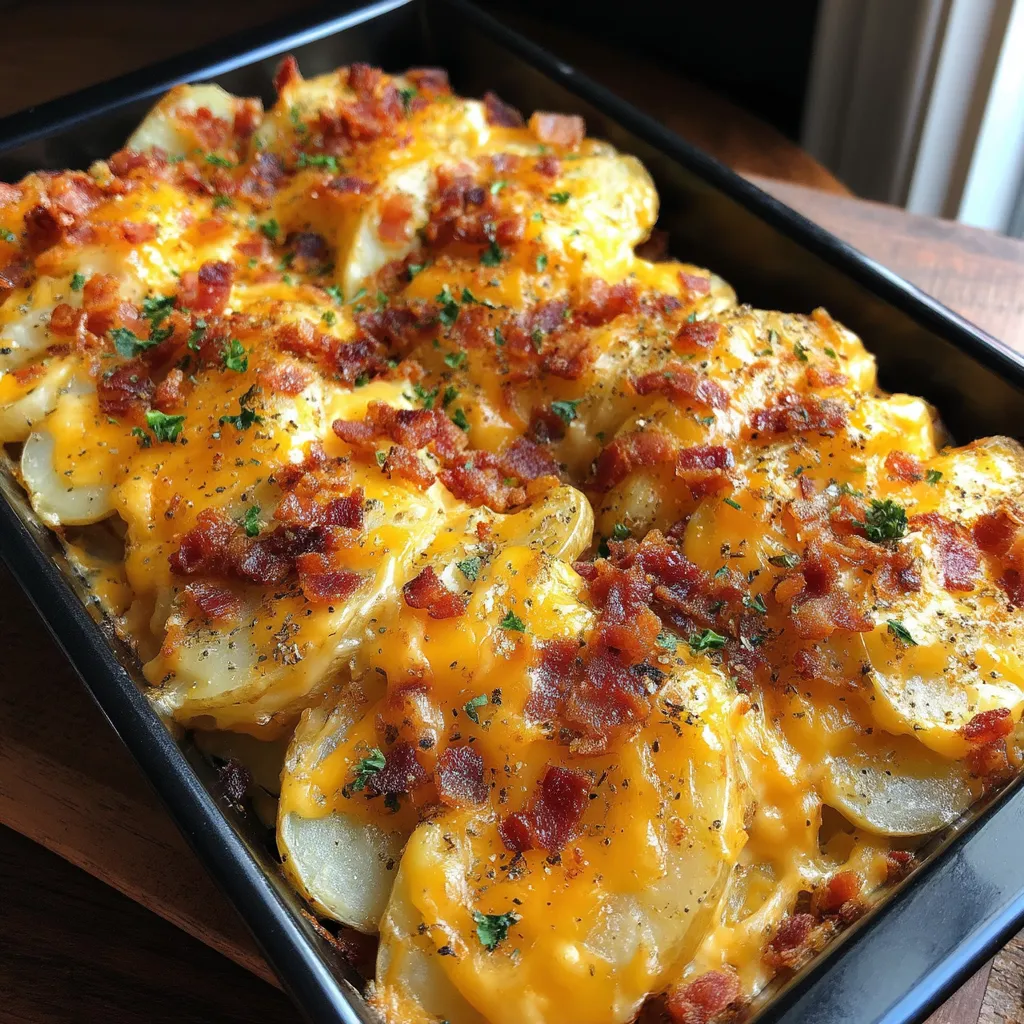 A dish of bacon and cheese covered potatoes.