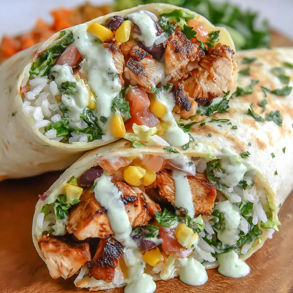 A chicken burrito with rice and corn.