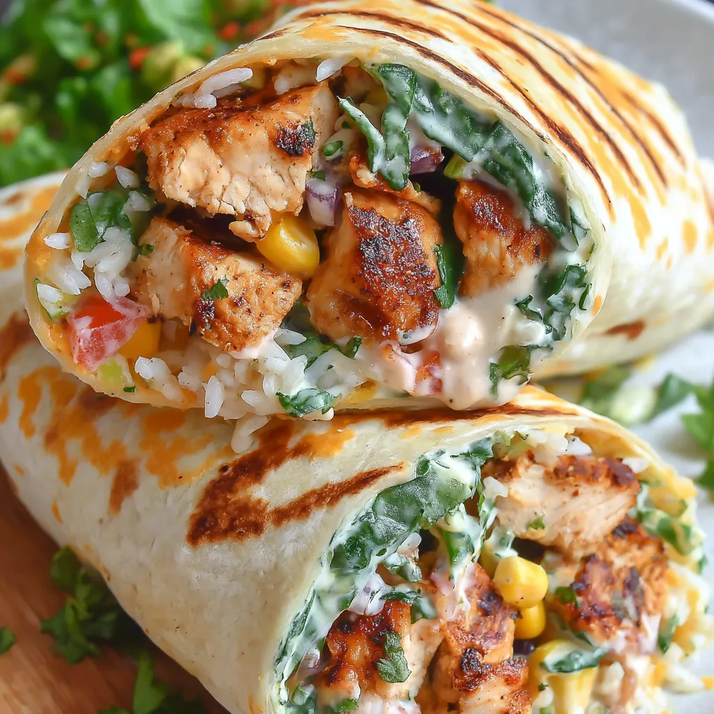 A chicken burrito with rice and vegetables.