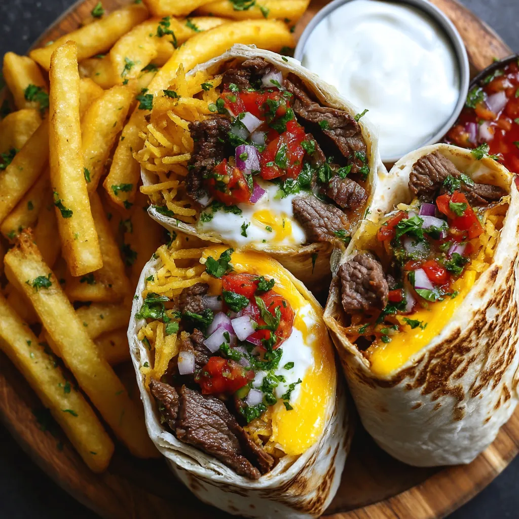 A plate of food with a burrito, fries and sour cream.