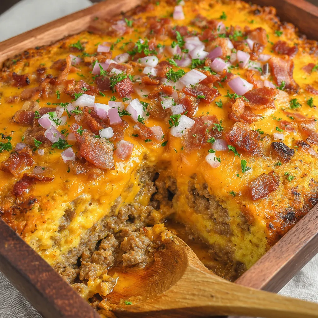 A slice of bacon and cheese casserole.