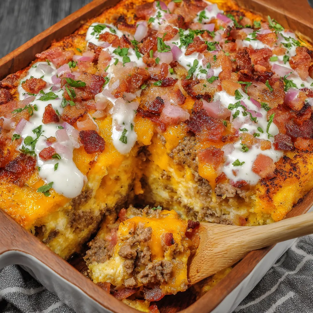A dish of food with bacon and cheese.