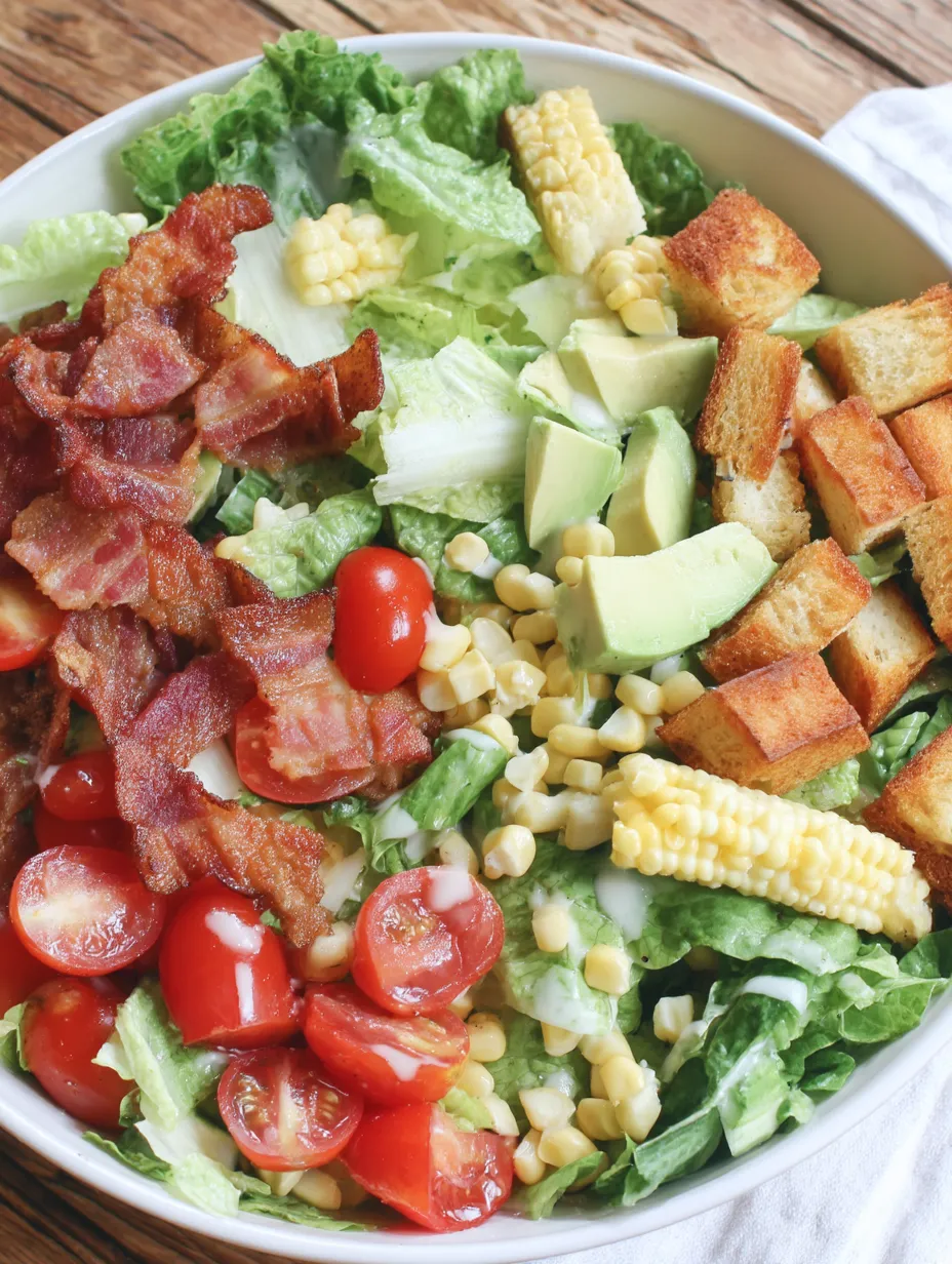 A salad with bacon, corn, and avocado.
