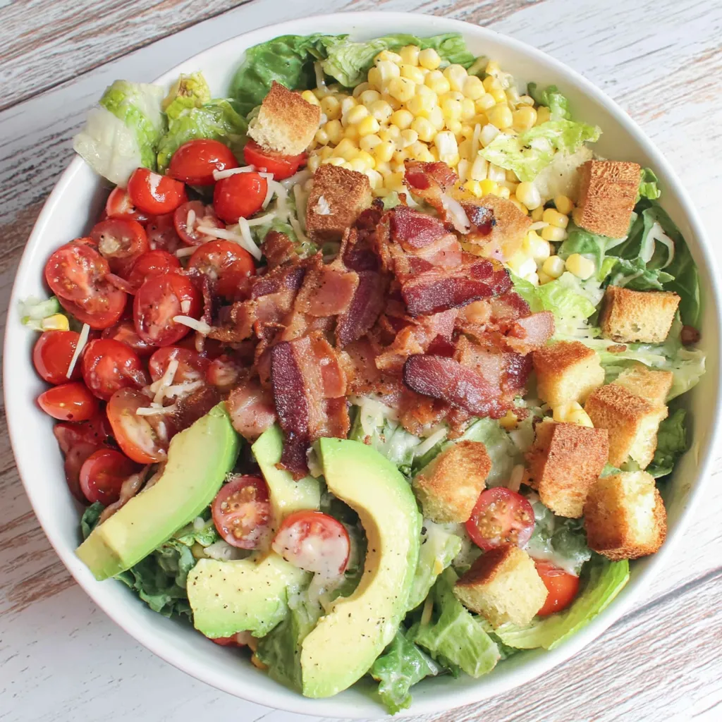A bowl of salad with bacon, tomatoes, corn, and avocado.