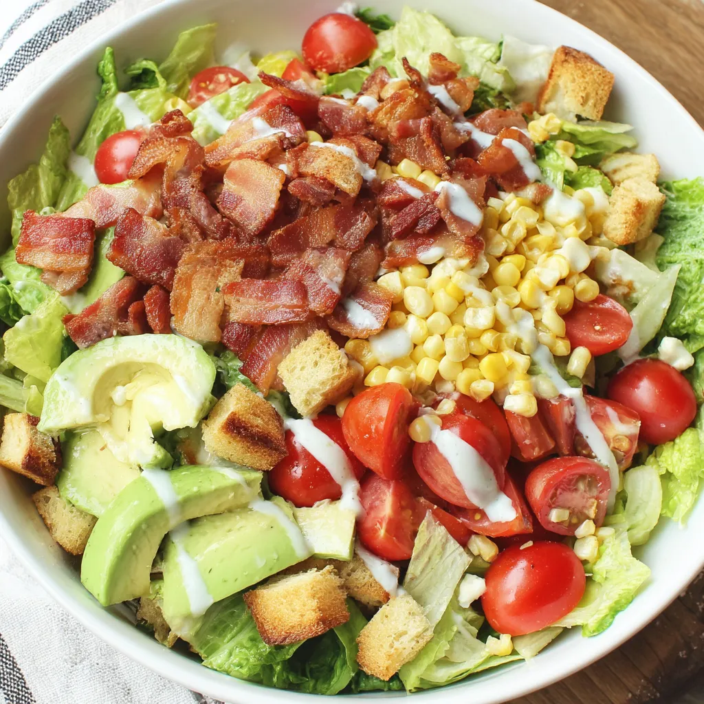 A salad with bacon, tomatoes, lettuce, and avocado.