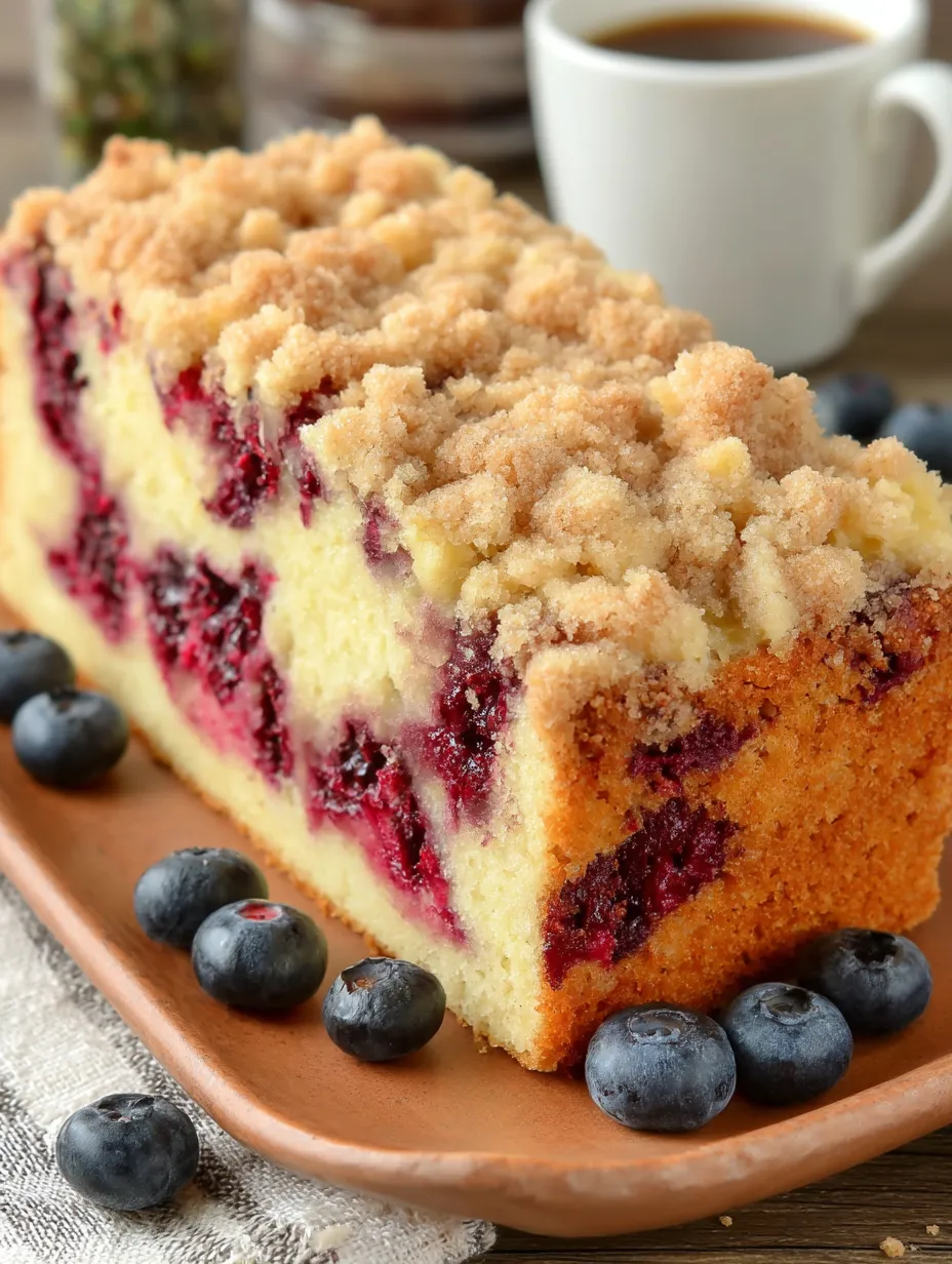 A slice of cake with blueberries on top.
