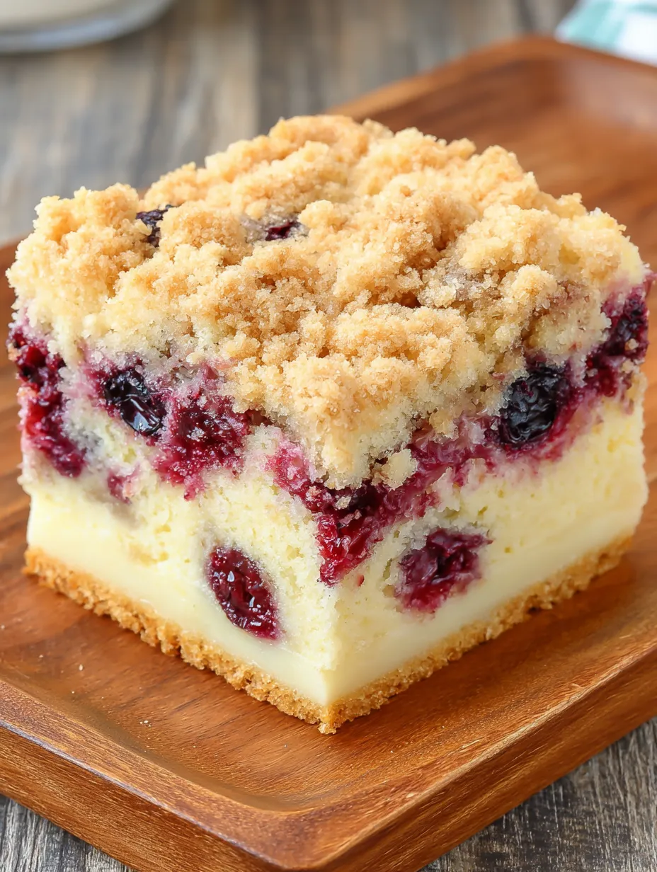 A square of cake with berries on top.