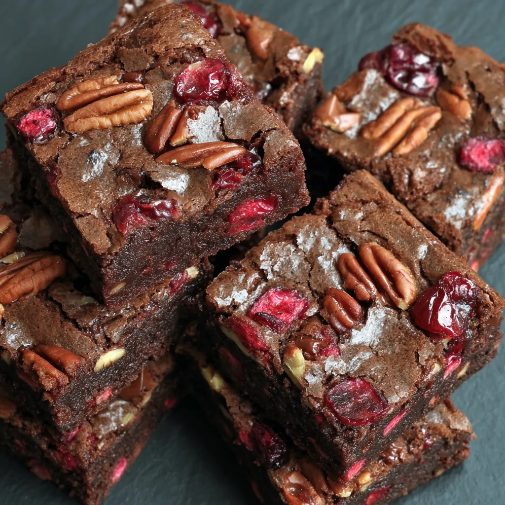 A close up of a chocolate brownie with nuts and berries.