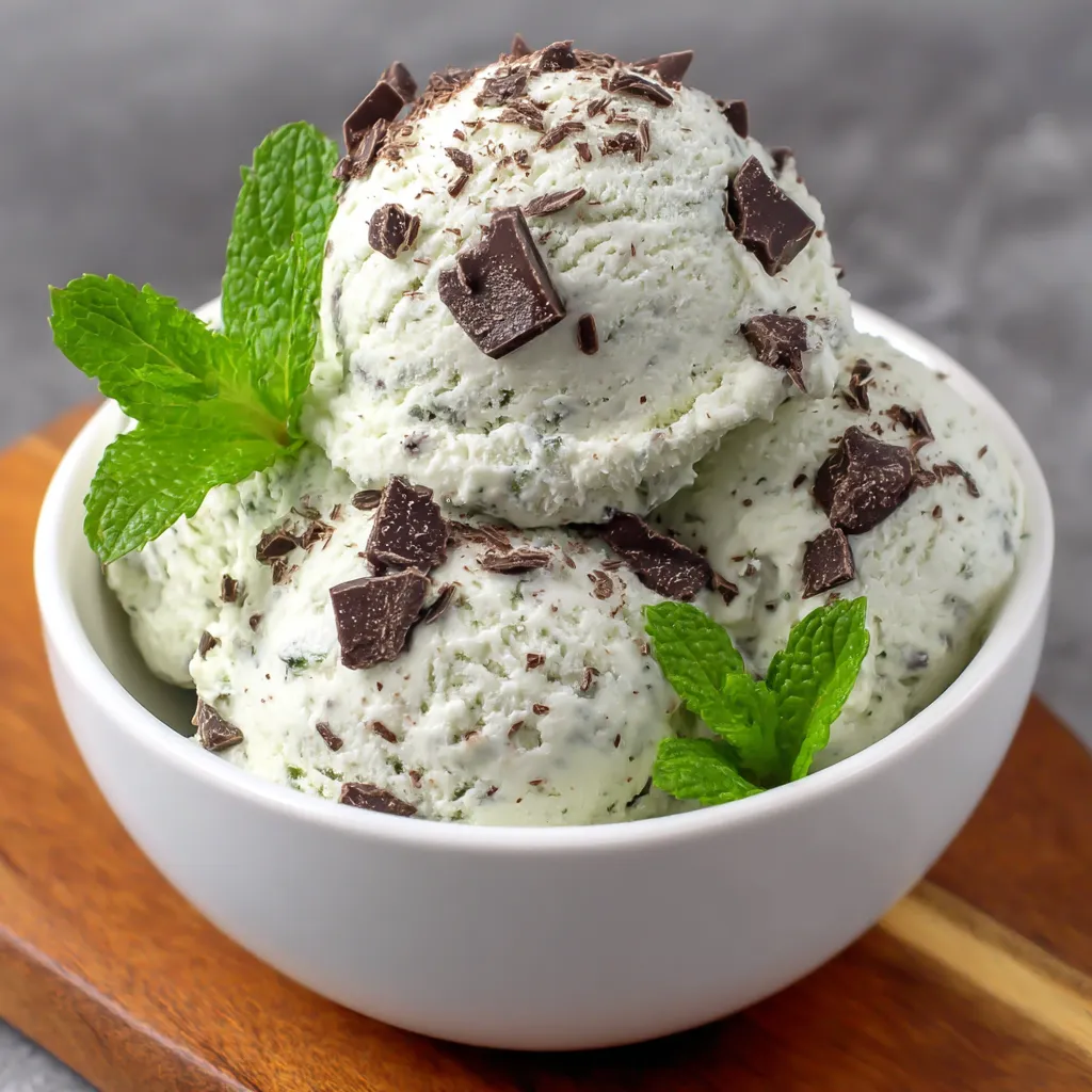 A bowl of chocolate ice cream with mint leaves.