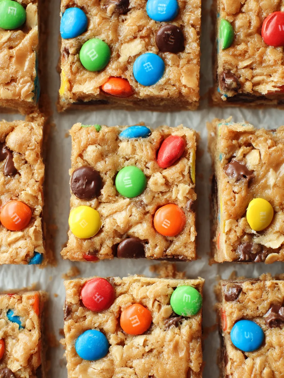 A close up of a square of candy bar with M&M's.