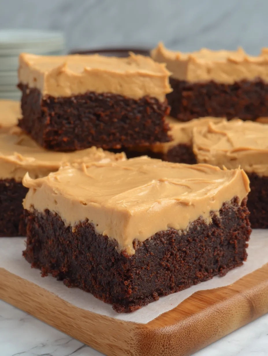 A piece of chocolate cake with peanut butter frosting.