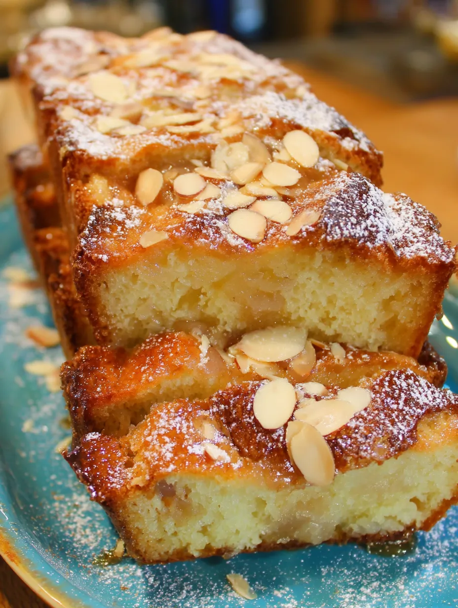 A slice of cake with almonds on top.