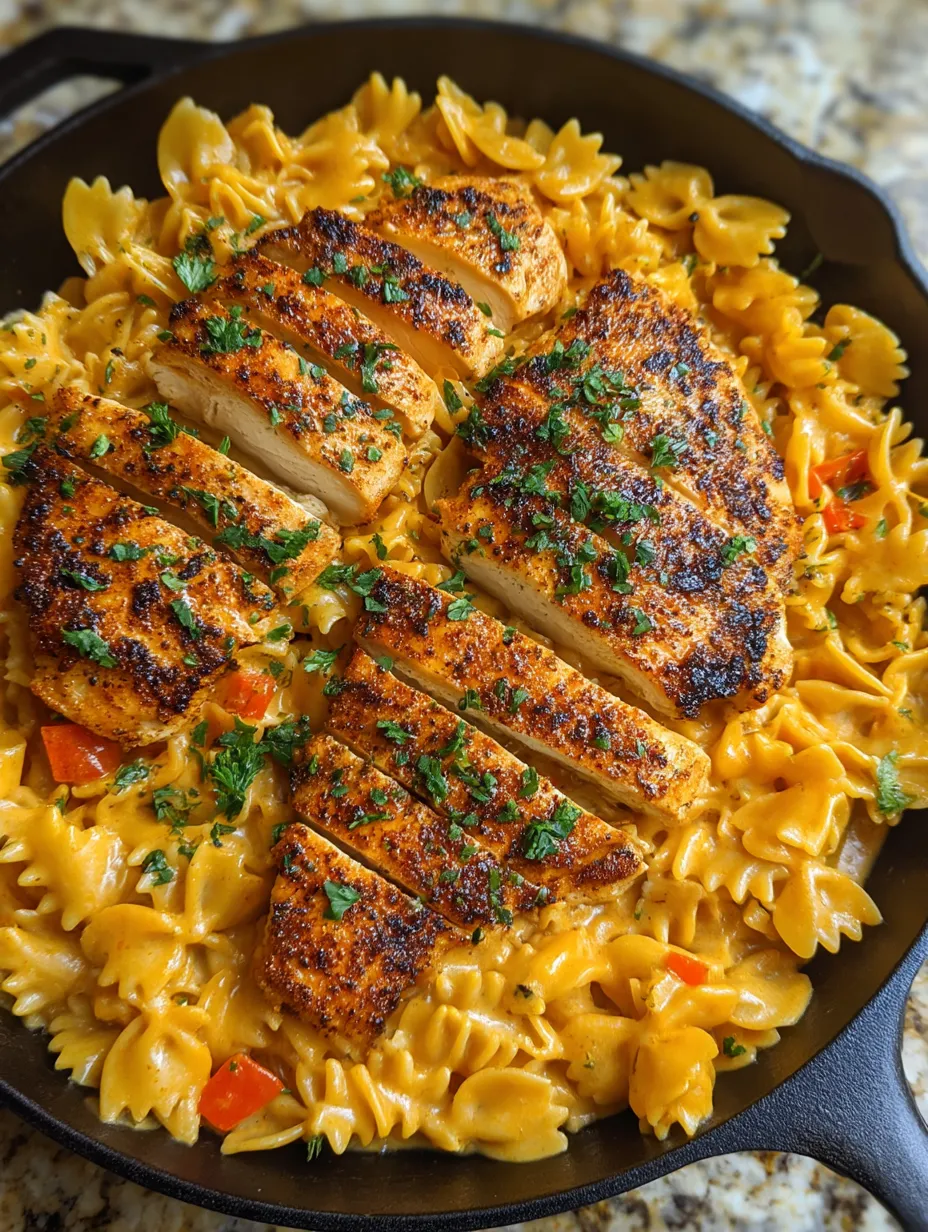 A pan of chicken and pasta.