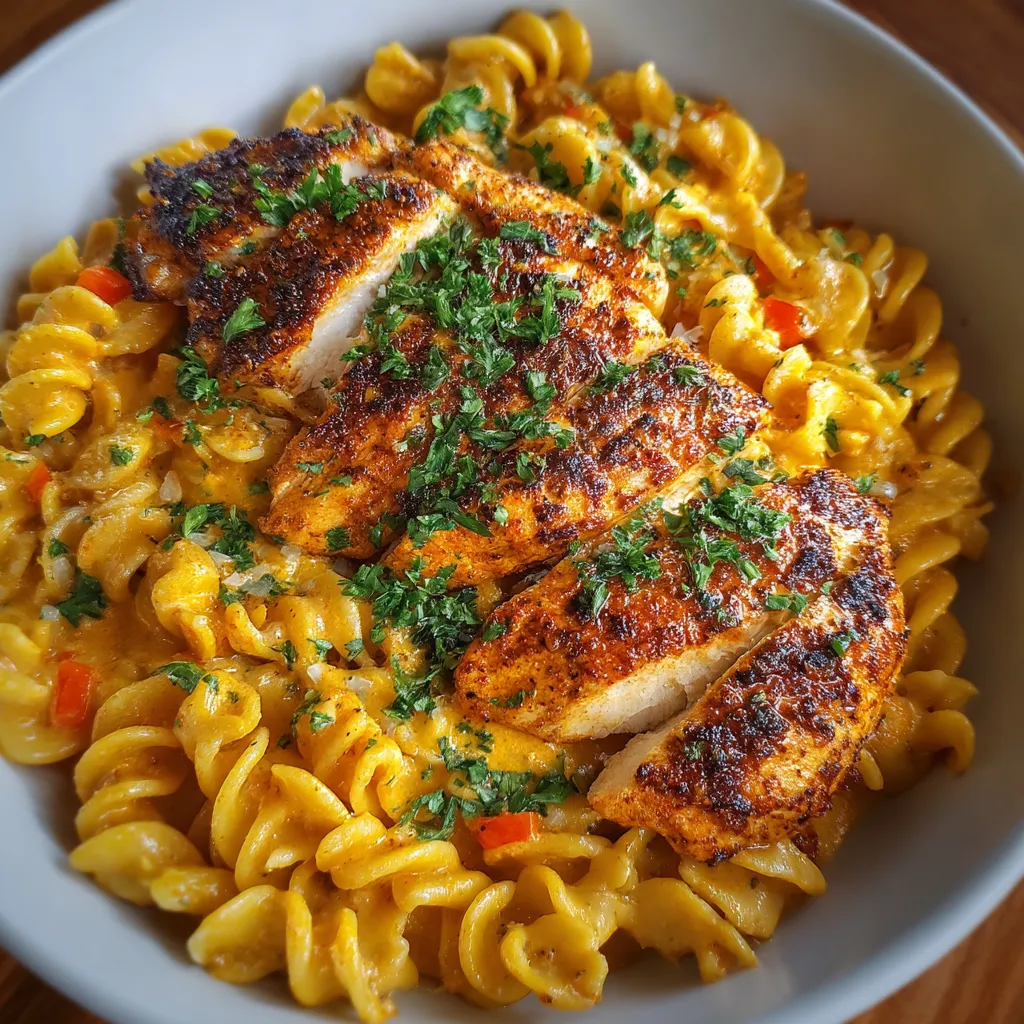 A plate of food with chicken and pasta.