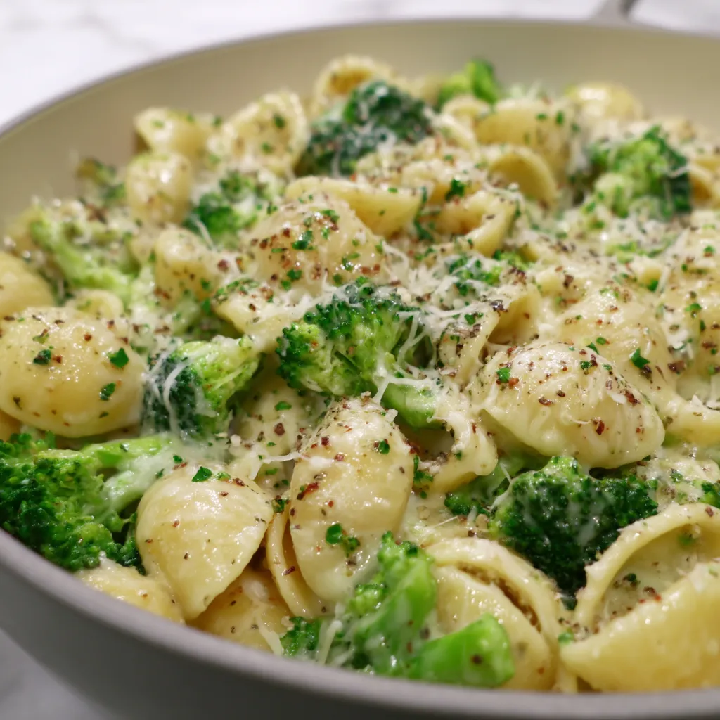 A bowl of pasta with broccoli and cheese.