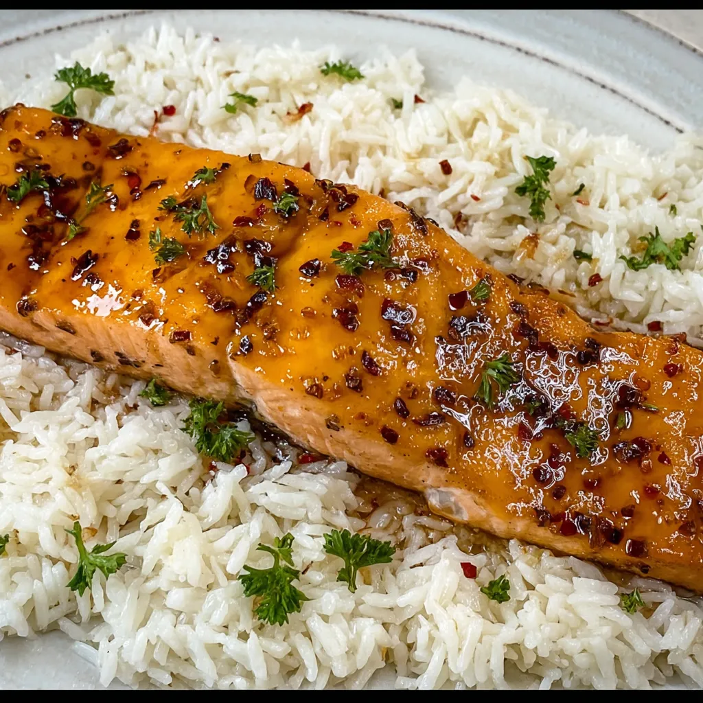 A piece of cooked salmon on a plate with rice.
