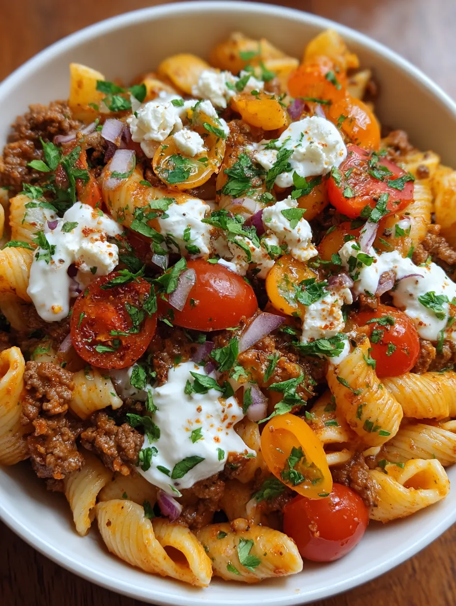 A bowl of pasta with tomatoes, onions, and feta cheese.