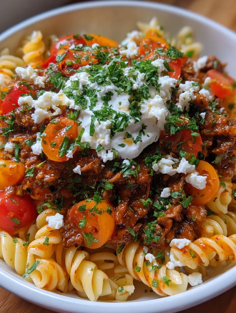 A bowl of pasta with meat and vegetables.