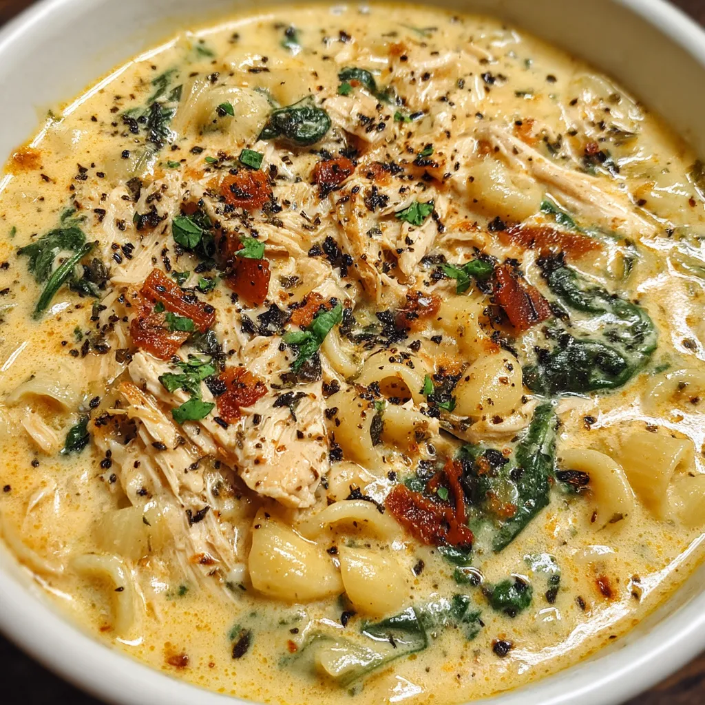 A bowl of soup with chicken and pasta.