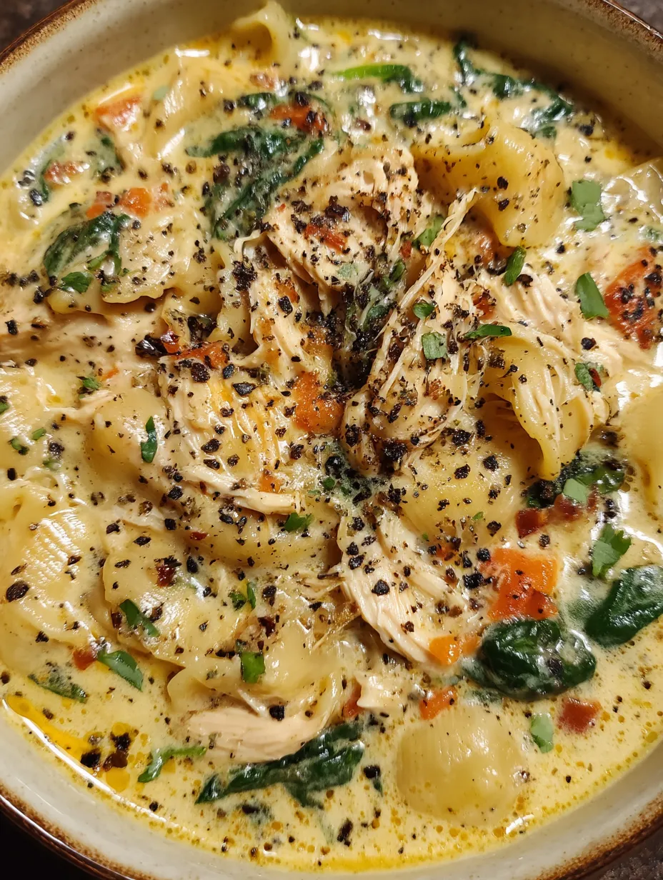 A bowl of soup with chicken, carrots, and greens.