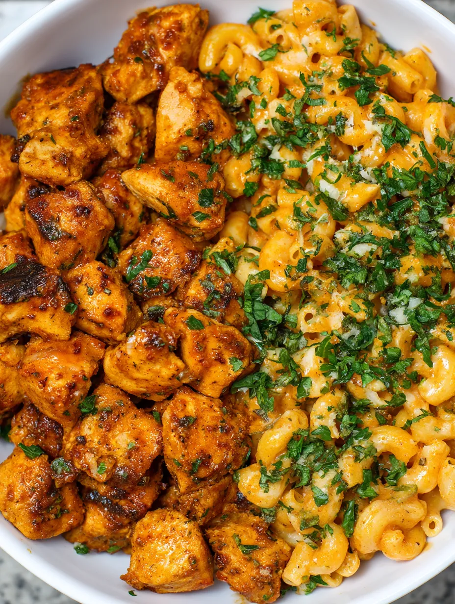A bowl of macaroni and cheese with chicken on top.