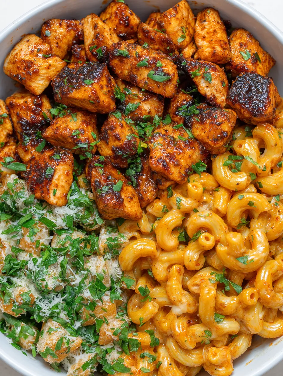 A plate of food with chicken, macaroni and cheese, and greens.