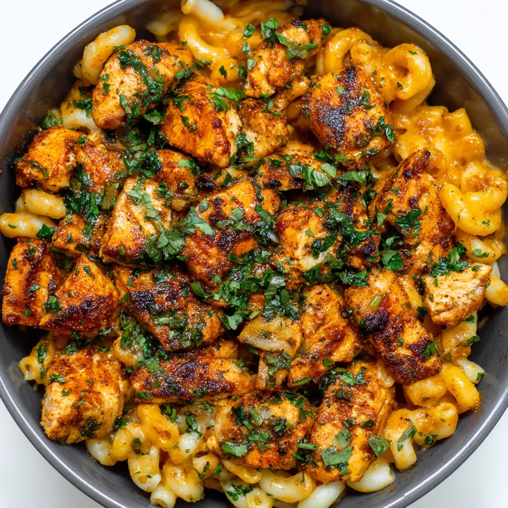 A bowl of food with chicken and macaroni.