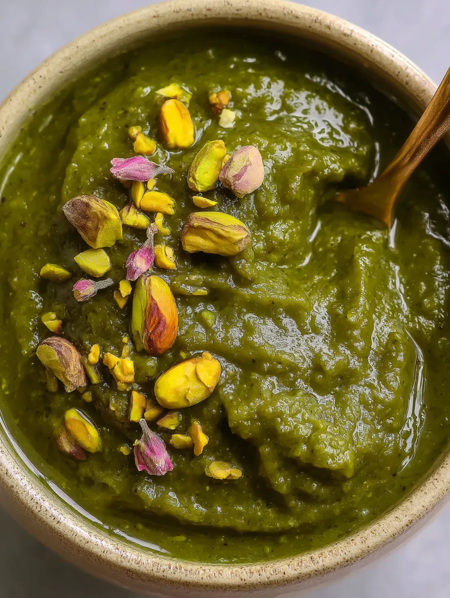 A bowl of green soup with nuts.