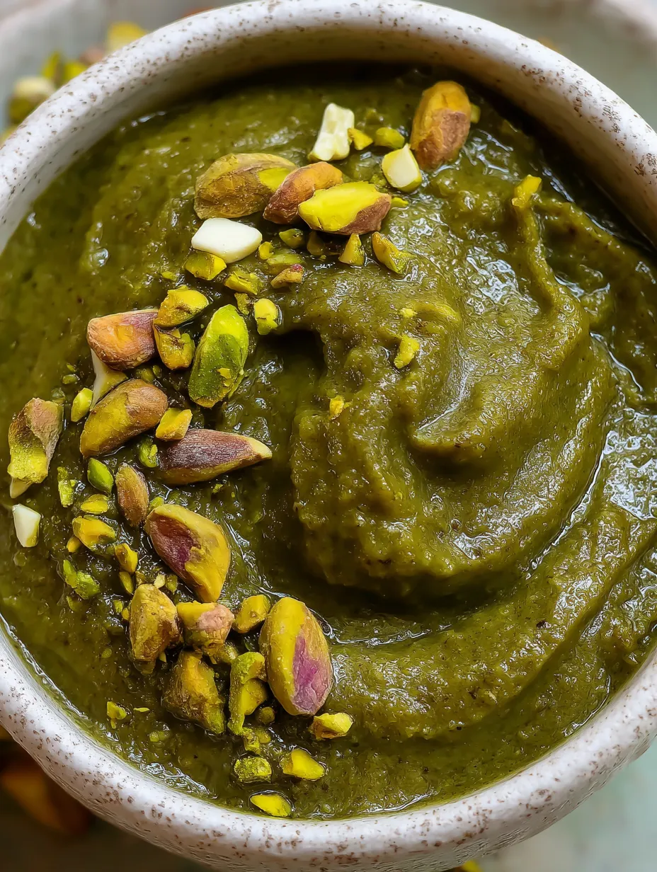 A bowl of green soup with nuts and seeds.