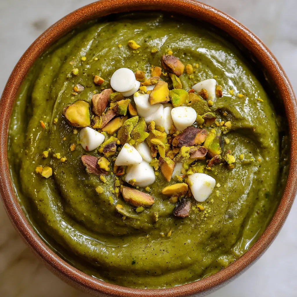 A bowl of green soup with nuts and marshmallows.