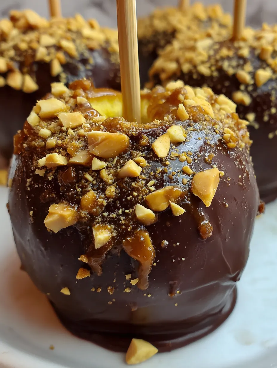 A chocolate covered apple with nuts on top.