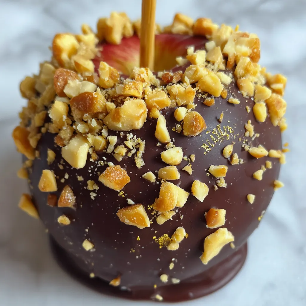 A chocolate covered apple with nuts on top.