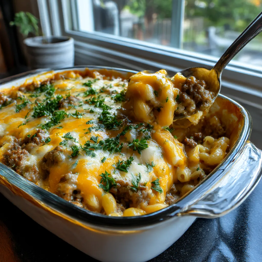 Hamburger Cheesy Bake in a pan with golden cheese