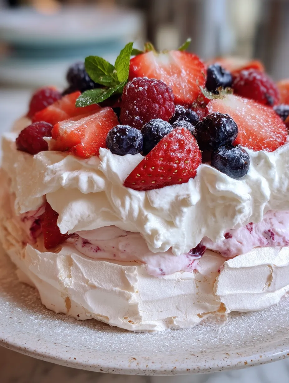 A cake with strawberries and blueberries on top.