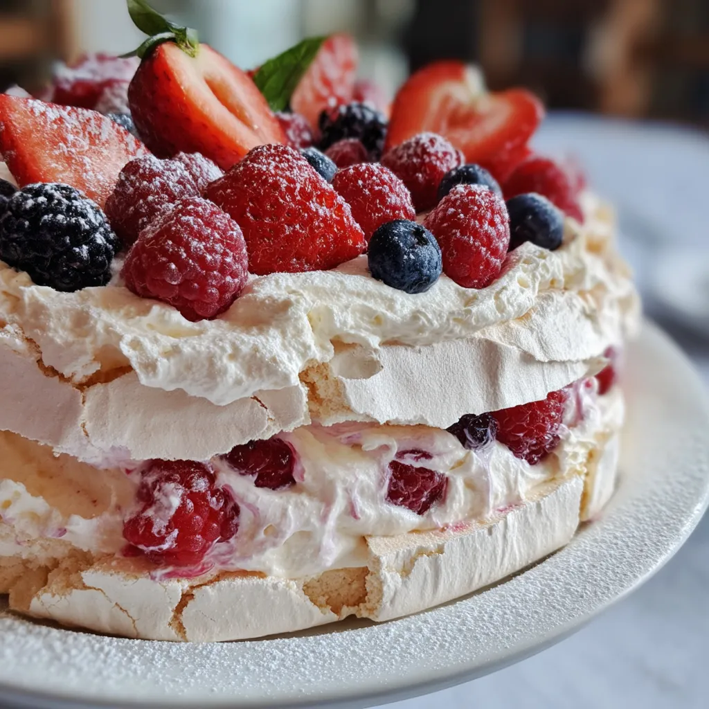 A cake with strawberries and blueberries on top.
