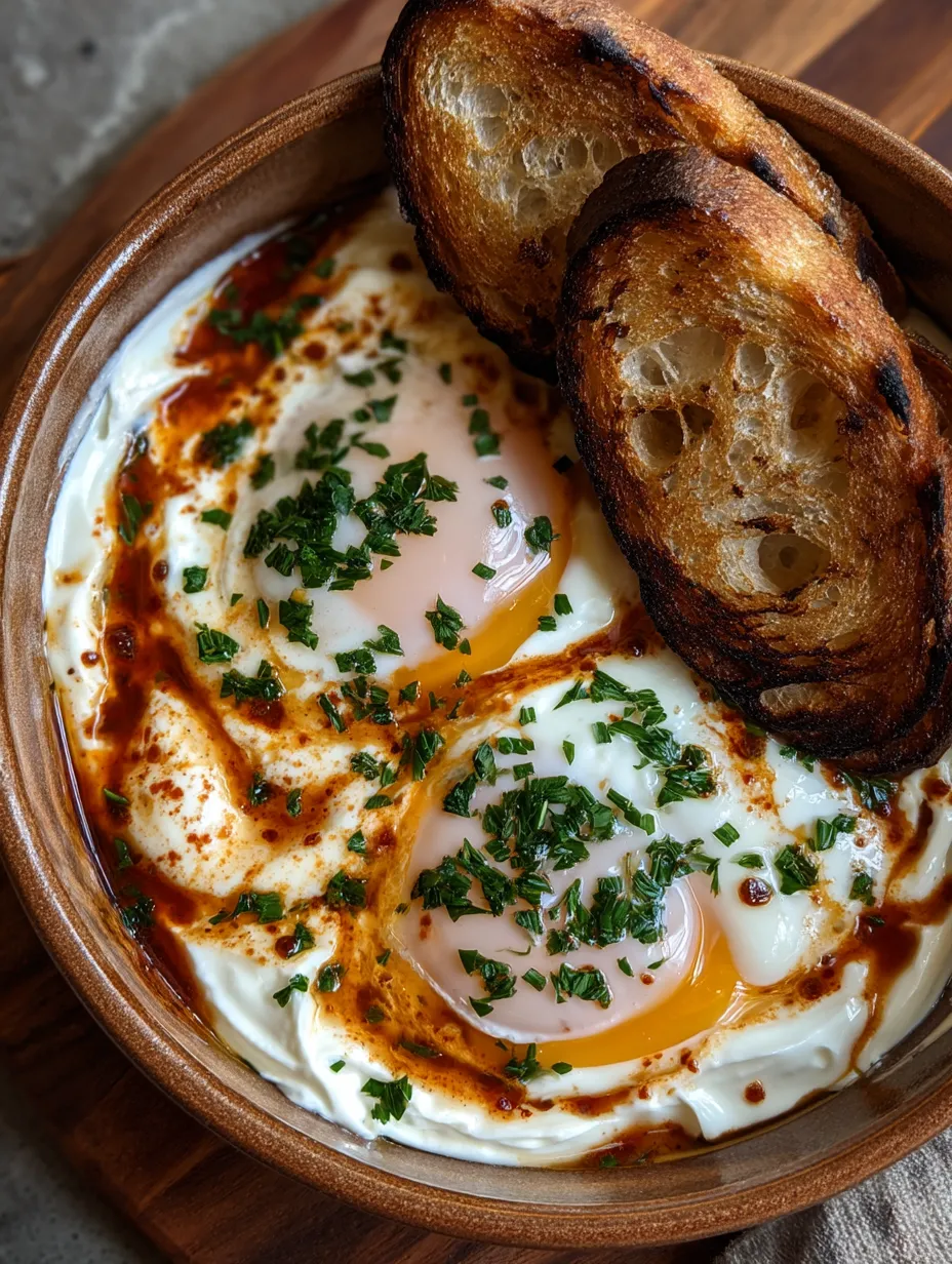 A bowl of eggs and bread.