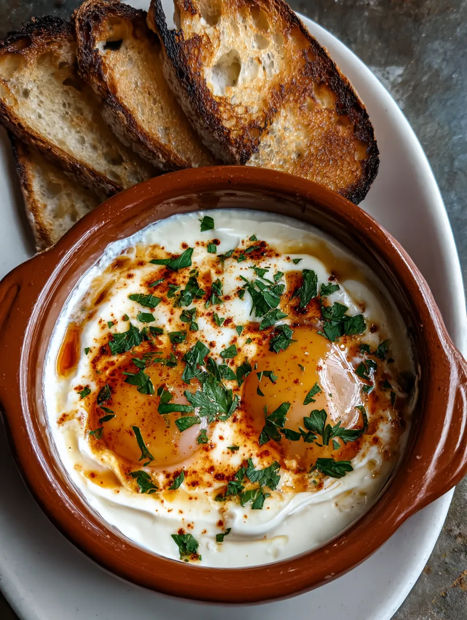 A bowl of eggs and bread.
