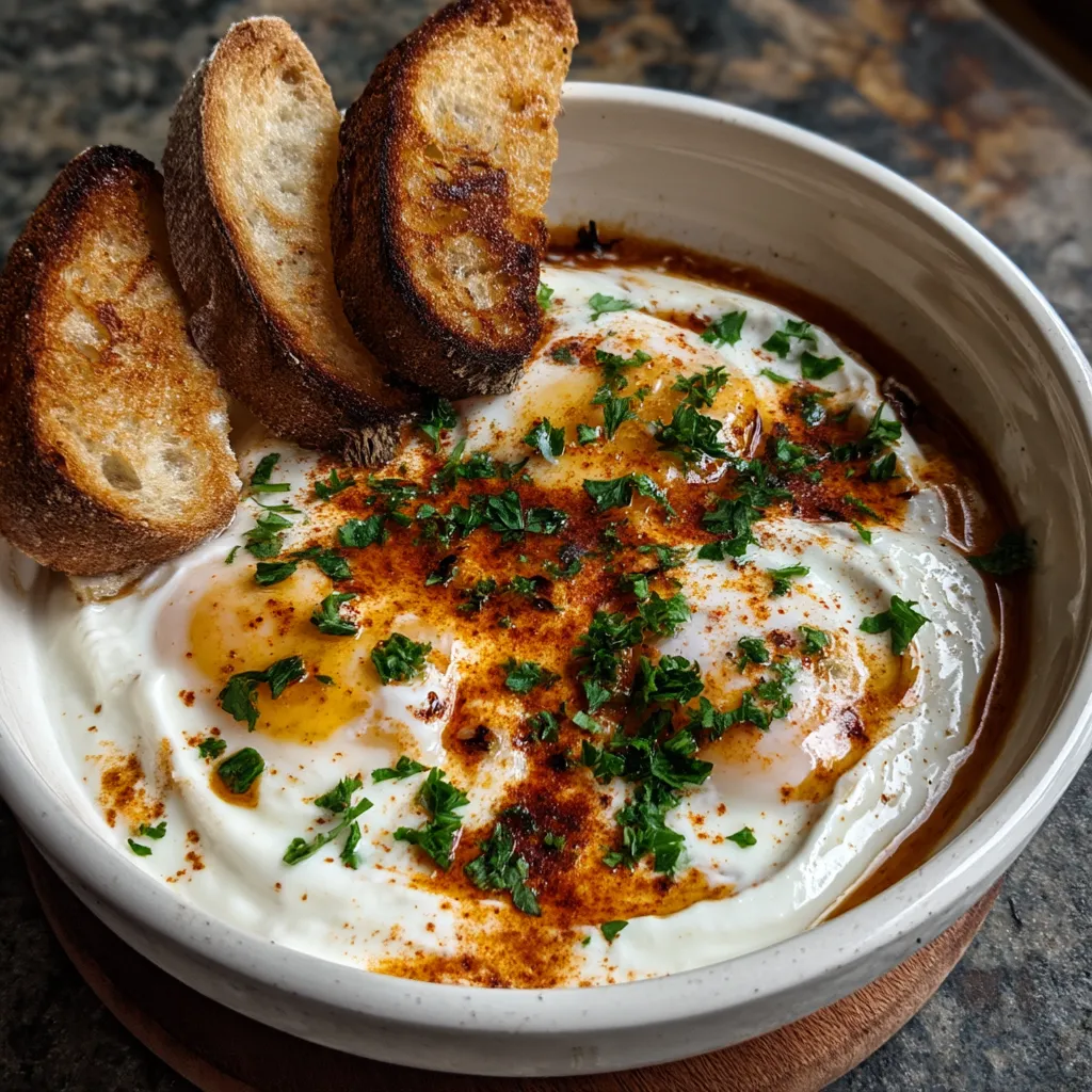 A bowl of food with bread and eggs.