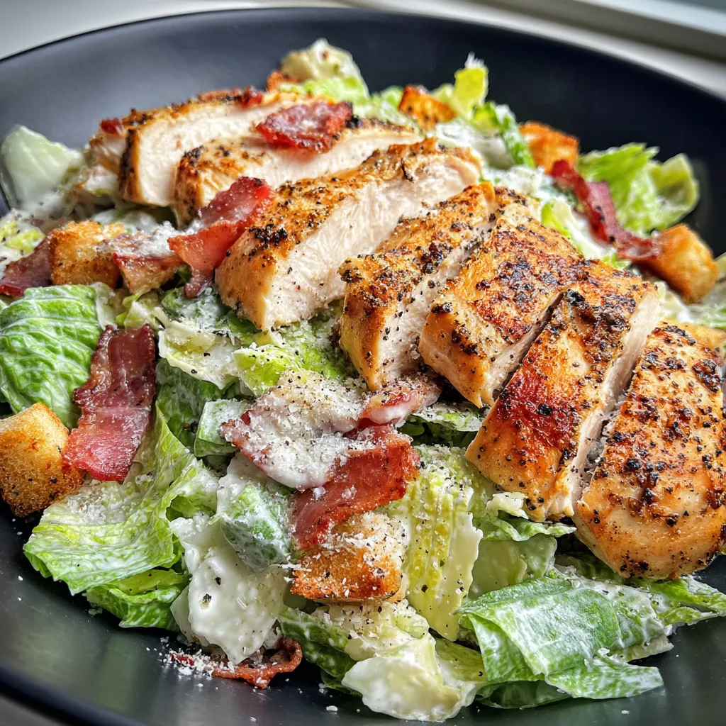 A salad with chicken and bacon.