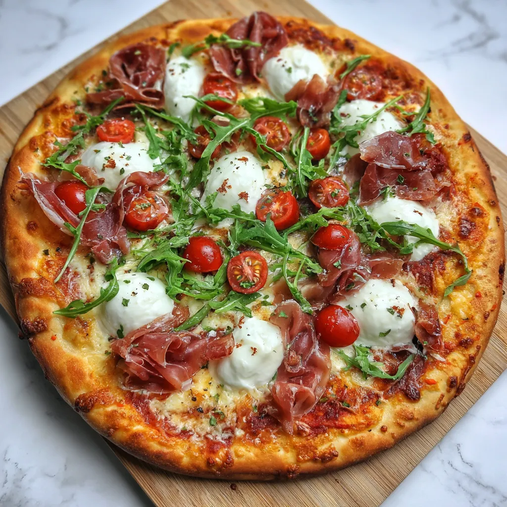 A pizza with tomatoes and cheese on a wooden table.