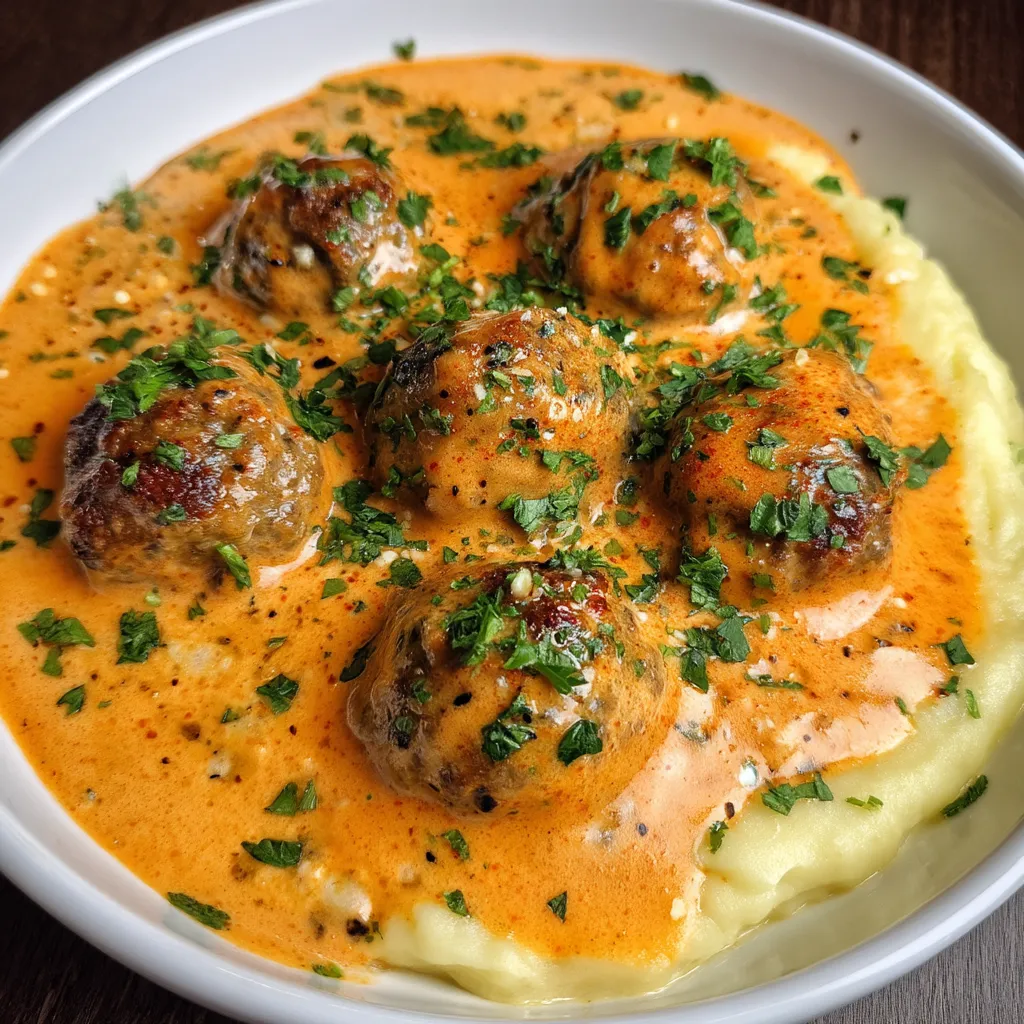 A bowl of meatballs in a creamy sauce.